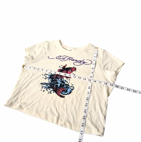Ed Hardy Koi Fish Cream Red Blue Crewneck Short Sleeves Crop Top XL Y2K - Picture 4 of 7